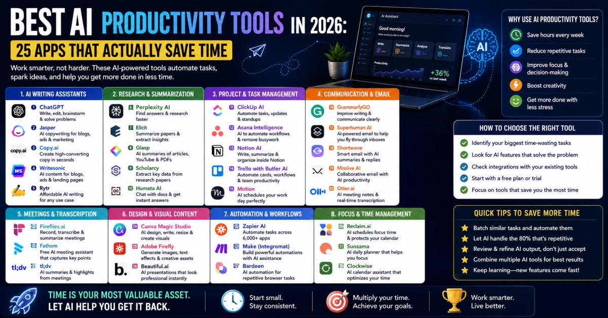 25 Best AI Productivity Tools in 2026 That Save Time