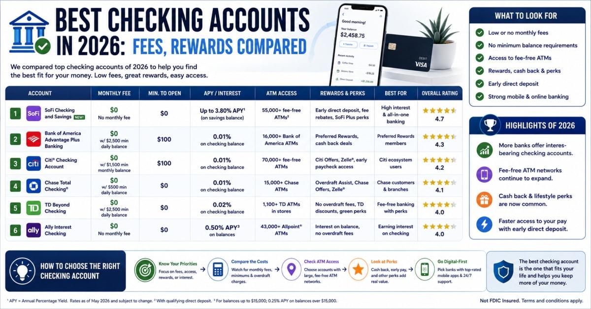Best Checking Accounts in 2026: Fees, Rewards Compared